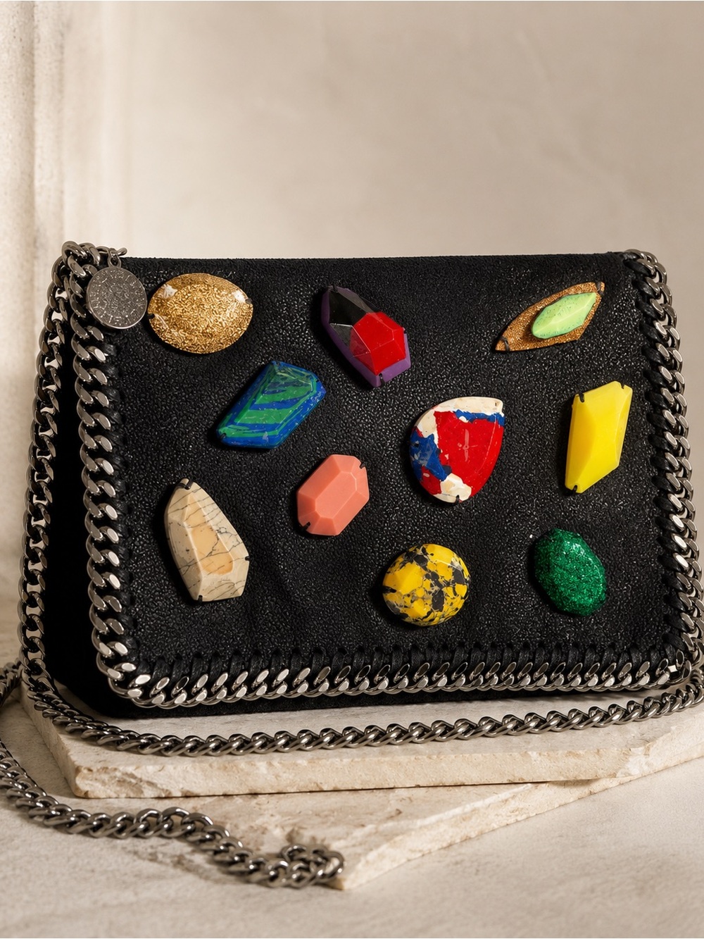 Stella McCartney Black Shoulder Bag with Multicolor Gem Accents